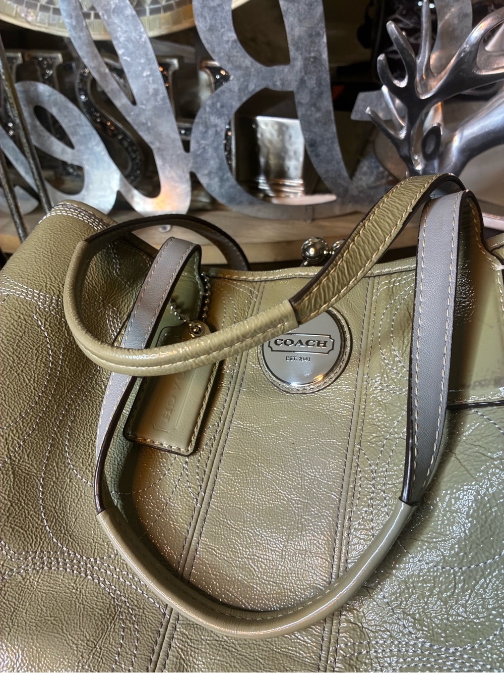 Coach Kiss-lock Patent Leather Tote, khaki Green - Picture 9 of 16